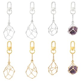 PH PandaHall 8pcs 4 Styles Crystal Stone Holder Keychains, Golden Crystal Pendant Key Chain Brass Cage Mesh Keychain Empty Crystal Holder with Adjustable Length for DIY Jewelry Crafts Purse Decoration