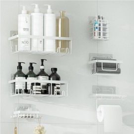 Veluckin Shower Caddy 6 Pack,Toilet Paper Holder,Soap Holder,Toothbrush Holder,No Drilling,13 in Large Capacity,Adhesive Shower Organizer for Bathroom Storage&Kitchen(White)