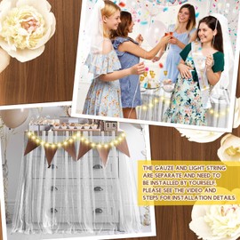 10 ft 64x120 Inch White Pearl Tulle Table Runner with LED Lights for Valentine's Wedding White Chiffon Birthday Table Skirt Tablecloth Decor Outside Baby Shower Ceremony (Plug in Type)