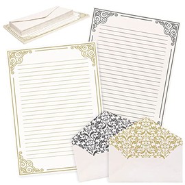 AnyDesign 60 Sheets Vintage Stationery Paper with 30Pcs Self-Adhesive Envelopes Gold Black Border Letter Paper Liner Double-Sided Writing Paper for Birthday Wedding Invitation Thank You Greetings
