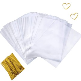 Enenes Cello Treat Bag, 200 PCS Cellophane Goody Bags, Party Favor Bag, Clear Candy Bags, Metallic with Twist Ties for Gift Bakery Cookies Dessert (5X7 Inch，200PCS)
