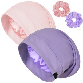 2PCS Satin Bonnet for Sleeping Night Cap, Adjustable Satin Lined Silk Bonnets Sleep Cap for Curly Hair Braids Beanie Black Women