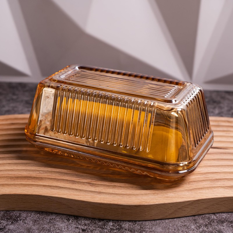 Champagne Color Glass Butter Dish with Lid for Kitchen Countertop,Covered