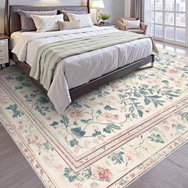 Cmezevi Area Rug 9x12 Cleaned:Machine Washable Rug for Living Room Soft Bedroom - Low Pile Faux Wool Carpet - Boho Floral Distressed Non Slip Carpet for Dining Room Nursery Kids Pets Friendly Beige