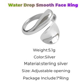 Water Drop Smooth Face Ring,925 Sterling Silver Large Plain Snake Rizable Rings,Irregular Curved Open Sterling Silver Ring