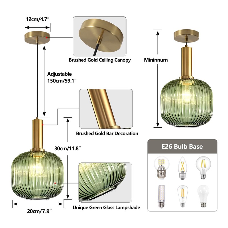 KCO Lighting Vintage Green Glass Pendant Light Kitchen Island Lighting