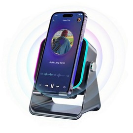 5-in-1 Bluetooth Speaker with Wireless Induction & Phone Holder, 5000mAh Battery, RGB Ambient Light, 360°Rotation, Hi-Fi Sound, Fast Bluetooth 5.3, Compatible with Smartphones / Tablets (Black)