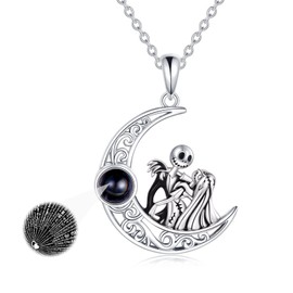 LILALO Skull Necklace 925 Sterling Silver Jack and Sally Necklace Jack Skellington and Zero Necklace Skellington Jewelry 100 Languages I Love you Pendant Necklace Birthday Anniversary Christmas Gifts