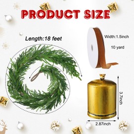 Glitinsel 1 Pcs Norfolk Pine Garland with 1 Pc Khaki Velvet Ribbon 3 Pcs Rustic Iron Wrought Bell for Christmas Home Decor (18 ft)