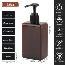 Segus Pump Bottle Dispenser, 3 Pieces 280ml Liquid Soap Dispenser, Refillable Shampoo and Conditioner Bottles, Empty Dish Soap Dispenser, Bathroom Bottles with Labels (Amber)