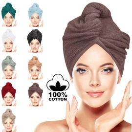 LUXURY Hair Towel Wrap 100% Cotton, Instant Drying Lightweight Turban Cap Super Quick Absorbent Anti-Frizz Twist Toweling Dry Hat with Button Loop for Long Curly Hairs, 62CM x 23CM Brown Single