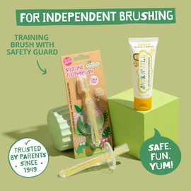 Jack N' Jill Toddler Silicone Toothbrush & Banana Toothpaste for Babies & Toddlers Bundle - Toddler Toothbrushes 1-2 Years Old, Infant Toothpaste, Safety Shield Included - 1.76 Fl Oz