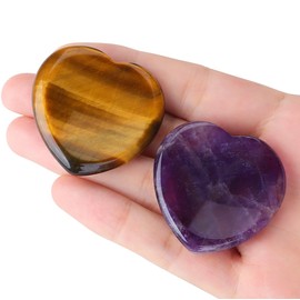 YATOJUZI Thumb Worry Stone for Anxiety Healing Crystals Sets Amethyst Tiger's Eye Heart Gemstone Pocket Stones 2PCS Hand Carved Natural Crystal Stones Reiki Palm Stone for Meditation Therapy