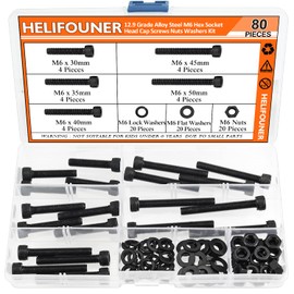 HELIFOUNER 80 Pieces M6 x 30mm /35mm /40mm /45mm /50mm, Hex Socket Head Cap Metric Screws Bolts Washers Nuts Kit, 12.9 Grade Alloy Steel, Fully Threaded, Black