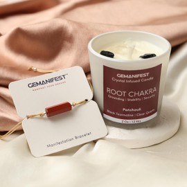 Gemanifest Root Chakra Meditation Candle with Red Jasper Energy Healing Bracelet Patchouli Crystal Candles for Protection Stability and Grounding Best Spiritual Meditation Gifts for Women and Men