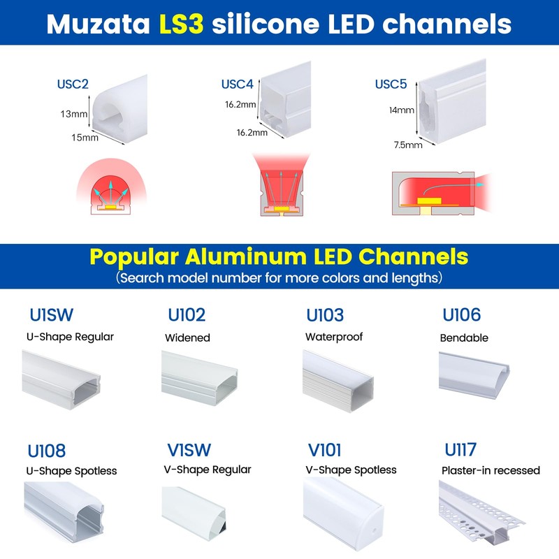 Muzata 16.5FT/5M Silicone LED Channel IP67 Waterproof Flexible Bendable Diffuser