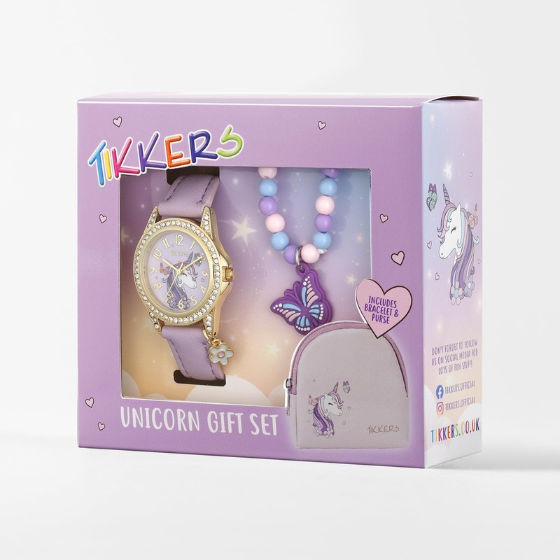 Tikkers Girl's Purple Unicorn and Butterfly Watch, Bracelet and Purse
