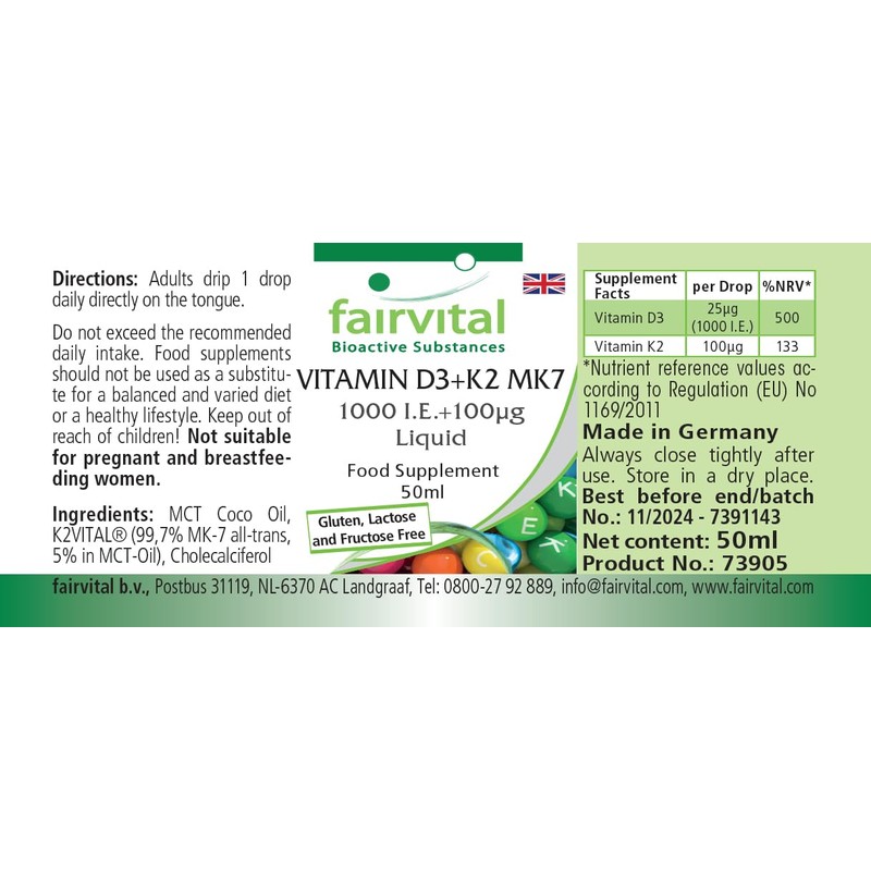 Fairvital Vitamin D3+K2 Drops - 50 ml - All-Trans MK7