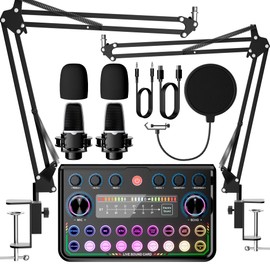 SINWE Podcast Equipment Bundle for 2,Audio Interface with Podcast Microphone for Smartphone & PC,All-in-One DJ Mixer,Plug-and-Play,Perfect for Streaming, Singing, YouTube & Gaming