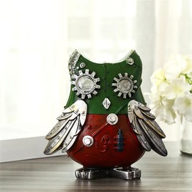 Retro Mechanical Punk Owl Piggy Bank Cute Animal Statue Decor Figurines Saving Money Box Ornaments Home Decoration