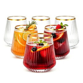 JoyGletss 40 Pack Plastic Stemless Wine Glasses Ribbed with Gold Rim, 14 Oz Unbreakable Clear Reusable Disposable Wine Glasses for Wedding Parties Tasting Events