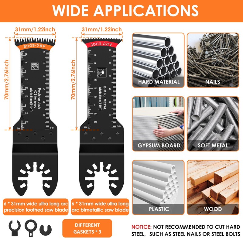 12Pcs Extra Long Oscillating Saw Blade Set, Curved Edge Bi-Metal