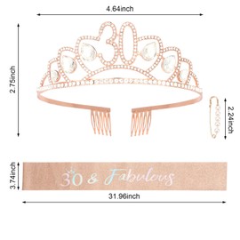 Amariver 30th Birthday Sash and Crown for Women Rose Gold Birthday Crown 30&Fabulous Birthday Sash Rhinestones Birthday Tiara Happy Birthday Crown Glitter Sash Birthday Decoration for Party Gifts