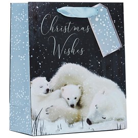 Partisan Products Christmas Wishes Polar Bear Gift Bag with Blue Handle and Gift Tag Xmas Gift Wrap Medium