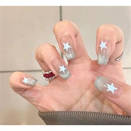 POKENGDA Prsess on Nails-Short Fake Nails Coffin Press-On Nails,Glitter Nail Designs Blue False Nails Gradients Acrylic Nails Easy-On Nails Star Nail Art for Women