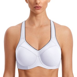 SYROKAN Ladies’ Sports Bra - Underwired Racerback Strong Support Bra - White Plain, size: 95G