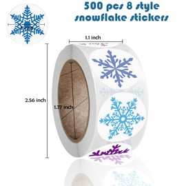 500 Pcs Snowflake Stickers Self Adhesive Christmas Gift Tags Labels Holiday Stickers Roll Round Tags Sticker for Envelope Seals Decals Decoration-8 Styles