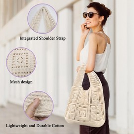 WisePoint Crocheted Shopping Bag for Women, Large Knitted Bag, Crochet Bags with Wide Handle, Aesthetic Mesh Beach Bags, Hollow Crochet Bag for Travel, blue