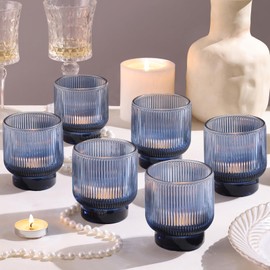 Blue Votive Candle Holders Set of 6-2.55" x 3" Gradient Glass Tea Light Candle Holder with Stylish Ribbed Design, Large Votive Holders for Wedding Centerpieces, Fall, Vintage Party or Home Decor