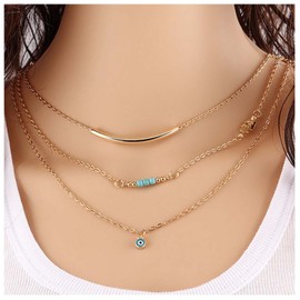 Allereya Boho Evil Eye Pendant Necklace Gold Layered Turquoise Necklace Tube Bar Necklace Choker Devil Eye Necklace Chain Jewellery for Women and Girls