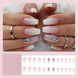 Pikabows Press on Nails Medium Coffin Nude Natural Rhinestone Gradient Pink Glitter Fake Nails Acrylic False Nail Tips Kit Glue on Nails for Women