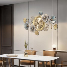 QXSXKJ 3D Metal Wall Decor with Clocks, Retro Gold Metal Wall Art Ginkgo Decor with Light, Battery Powered H and V Adjustable Clock Decor, Large Decorations Art for Livingroom Bedroom Kitchen