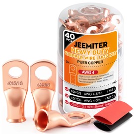 Jeemiter 20PCS 4 AWG Battery Lugs 5/16"&3/8" Copper Ring Terminals with 3:1 Heat Shrink Tubing - Heavy Duty Crimp Connectors for Auto Marine Solar Electrical in Dual-Neck Bottle