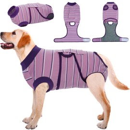 Kuoser Dog Surgery Recovery Suit for Female Male Dogs, Stripes Spay Neuter Anti-Licking Dog Onesie, Abdominal Wounds Surgical Suit Snugly Pet Collar Alternative Post Surgery Vest Bodysuit, Purple 2XL