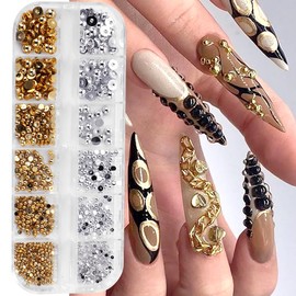 12 Grids/Box Gold Silver Pearls for Nails 3D Half Round Pearl Nail Charms Metal Nail Pearls for Nail Art Supplies Caviar Beads Pearl Charms for Nails Design Flatback Pearl Nail Beads Nail Decorations