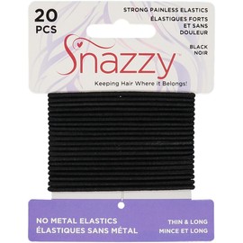 Snazzy Black Hair Bands Thin & Long 20pcs Soft Painless No Damage Hair Elastics Ties Twists 140mm in Length and 2mm in Width Strong Reuseable Yoga 1 Pack 20 per card