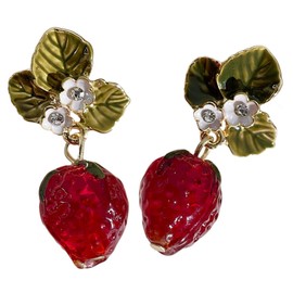 Beavorty Cute Strawberry Dainty Earrings for Women Aesthetic Jewelry for Teen Lightweight Spring Summer Fashion Accessories with Tree Leaf Design