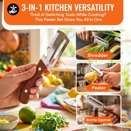 2Pcs Multifunctional Vegetable Peeler with Ergonomic Wooden Handle, Julienne Shredder and Bottle Opener, 3-in-1 & 2-in-1 Stainless Steel Kitchen Gadget