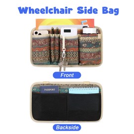 FADOVYE Wheelchair Side Bag with Cup Holder, Wheelchair Armrest Accessories Pouch with Pen Slot and Reflective Strips for Power Wheelchairs, Walkers, Rollators, Seniors (Bohemian)