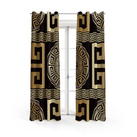 ZGDPBYF Black Gold Greek Key Meander 3D Retro Print Window Curtain Panel, 3D Geometric Gold Print Luxury Blackout Privacy Drapes, 2 Panels Grommet Light Filtering Window Curtains，84" W X 84" L