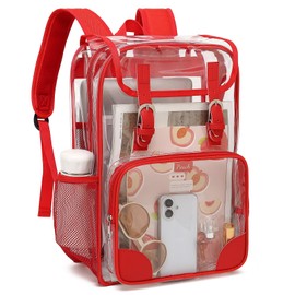 Fuyicat Clear Backpack Heavy Duty PVC Transparent Girls Kids School Backpacks Stadium Approved See Through College Bookbag for Women (Red)
