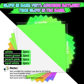 Glow in the Dark Vinyl Permanent Sheets 12" x 12" 8 pcs Permanent Vinyl, Opal White, Peach Pink, Neon Green, White, 4 Colors & 1pcs Vinyl Squeegee for DIY Craft Cutter Sign Plotter Decals Scrapbooking