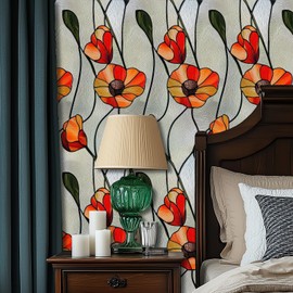 HOMETITUTE Stained Glass Wallpaper Peel and Stick Orange Floral Contact Paper Wall Paper Stick 17.7" x 118.1" Self Adhesive Vinyl Wall Covering for Living Room Entryway Decor