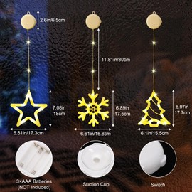 Lewondr 3Pcs Christmas Window Lights, Christmas Decoration Lights Star & Christmas Tree & Snowflake Shapes with Battery Powered, Suction Cup Hook, Timer for Xmas, Home, Party, Warm Light