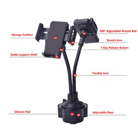 Cup Car Phone Holder, Double Car Cup Phone Holder, Universal Adjustable and Scalable Car Cup Holder Phone Mount Compatible with Phone Width 1.7"-3.7" (Black)