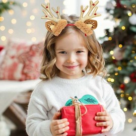 WULIUFLY Christmas Headbands for Women - Gold Antlers Ears, Xmas Hair Band, Cute Brown Glitter Costume Accessories for Holiday Party Cosplay